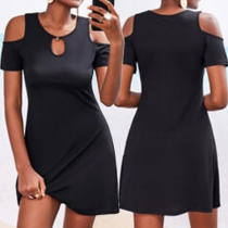 Casual Solid Color Cutout Open-shoulder Short Sleeve Mini Dress