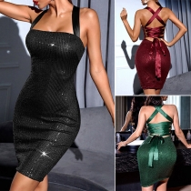 Sexy Bling Bling Cross-criss Halter Bodycon Party Dress