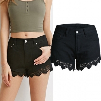 Casual Lace Spliced Solid Color Denim Hot Shorts
