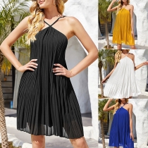 Sexy Solid Color Sleeveless Pleated Backless Halter Dress