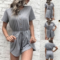 Casual Solid Color Short Sleeve Drawstring Romper