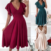 Casual Solid Color V-neck Ruffled Short Sleeve Pleated Dress