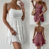 Casual Solid Color Swiss Dot Tiered Slip Dress