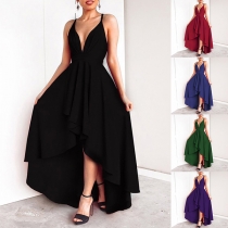 Sexy Solid Color Sleeveless High-low Hemline Slip Dress