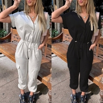 Casual Solid Color Buttoned Drawstring Short Sleeve Jumpsuit