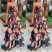 Bohemia Style Floral Printed Tiered Two-piece Set Consist of Crop Top and Maxi Skirt