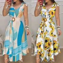 Sexy Floral Printed Sleeveless Dress with Belt