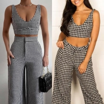 Fashion Houndstooth Printed Two-piece Set Consist of Crop Top and Wide-leg Pants