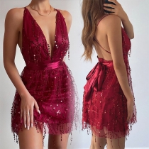 Sexy Sequined V-neck Cross-criss Backless Party Dress