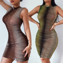 Fashion Gradient Color Stripe Printed Bodycon Tank Dress