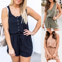 Fashion Solid Color Buttoned Drawstring Sleeveless Romper