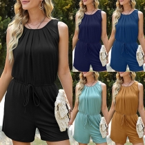 Casual Solid Color Ruched Round Neck Sleeveless Romper