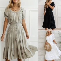 Casual Solid Color Round Neck Short Sleeve Tiered Dress
