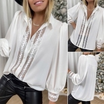 Sexy Lace Spliced V-neck Puff Long Sleeve White Shirt