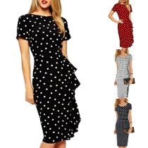 Fashion Polka-dot Round Neck Short Sleeve Ruffled Bodycon Dress