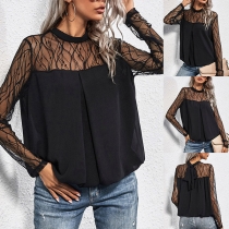 Casual Lace Spliced Round Neck Long Sleeve Shirt