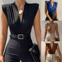 Sexy Solid Color Ruched V-neck Sleeveless Bodysuit