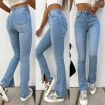 Casual High Waist Slit Denim Jeans
