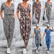Casual Leopard Printed V-neck Short Sleeve Jumpsuit