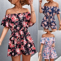 Sexy Floral Printed Off-the-shoulder Drawstring Romper