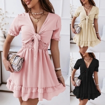 Sexy Solid Color Self-tie V--neck Smocked Ruffled Hemline Fit & Flared Dress