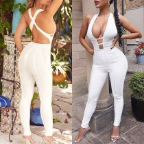 Sexy Solid Color Plunge-V Halter Neck Backless Criss-cross Slim Fit Jumpsuit