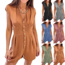 Casual Solid Color Ruched Buttoned Short Sleeve Romper