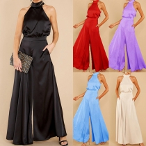 Elegant Solid Color Halter Neck  Wide-leg Jumpsuit