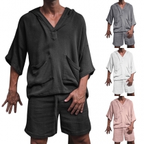 Casual Solid Color Two-piece Set For Men Consist of Hooded Shirt and Shorts