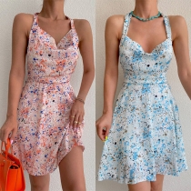Sexy Floral Printed Halter Neck Backless Self-tie Summer Dress
