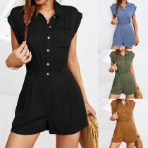 Casual Solid Color Polo Neck Buttoned Cap Sleeve Romper