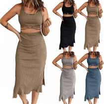 Sexy Solid Color Front Cutout Side Slit Tank Dress