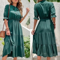Casual Ruffle Short Sleeve Self-tie Round Neck Tiered Midi Dress