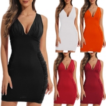 Sexy Solid Color Ruched Backless Cross-criss Bodycon Dress