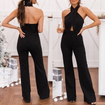Sexy Solid Color Hater Backless Wide-leg Jumpsuit