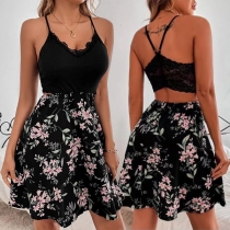 Sexy Lace Spliced Floral Printed Backless Slip Dress