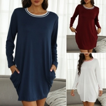 Casual Contrast Color Round Neck Long Sleeve Side Pocket Dress