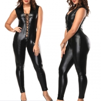 Sexy Lace-up Sleeveless Artificial Leather PU Jumpsuit