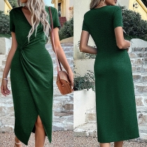 Fashion Solid Color Short Sleeve V-neck Slit Wrap Dress