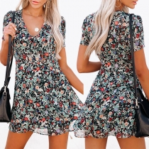 Fashion Floral Printed V-neck Short Sleeve Mini Dress