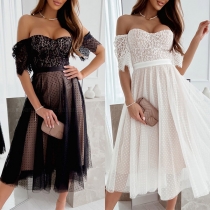 Sexy Lace Spliced Off-the-shoulder Short Sleeve Gauze Spliced Party Dress