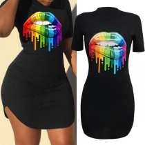 Street Chic Round Neck Short Sleeve Lip Printed Bodycon Dress