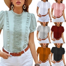 Fashion Round Neck Floral Crochet Ruffled Short Sleeve Shirt