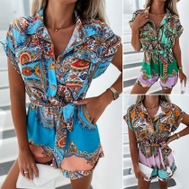 Bohemia Style Floral Printed Cap Sleeve Polo Neck Buttoned Self-tie Romper