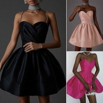 Sexy Solid Color Ruched High Waist Rhinestone Chain Slip Dress Party Dress