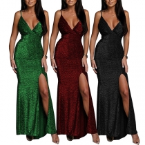 Bling Bling V-neck High Slit Party Dress