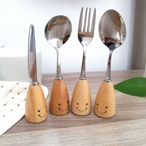 Wooden Handle Cutlery Set with Smile Pattern- Stainless Steel Flatware Set, Wooden Handle Cutlery  Four-piece Portable Tableware Set with a Box