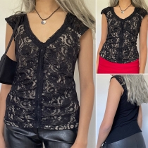 Fashion Lace Spliced V-neck Sleeveless Shirt