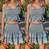 Fashion Floral Printed Two-piece Set Consist of Smocked Ruffled Crop Top and Smocked Tiered Skirt