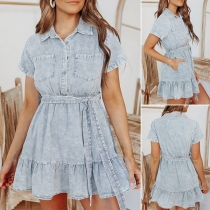 Fashion Polo Neck Short Sleeve Self-tie Tiered Old Washed Denim Dress